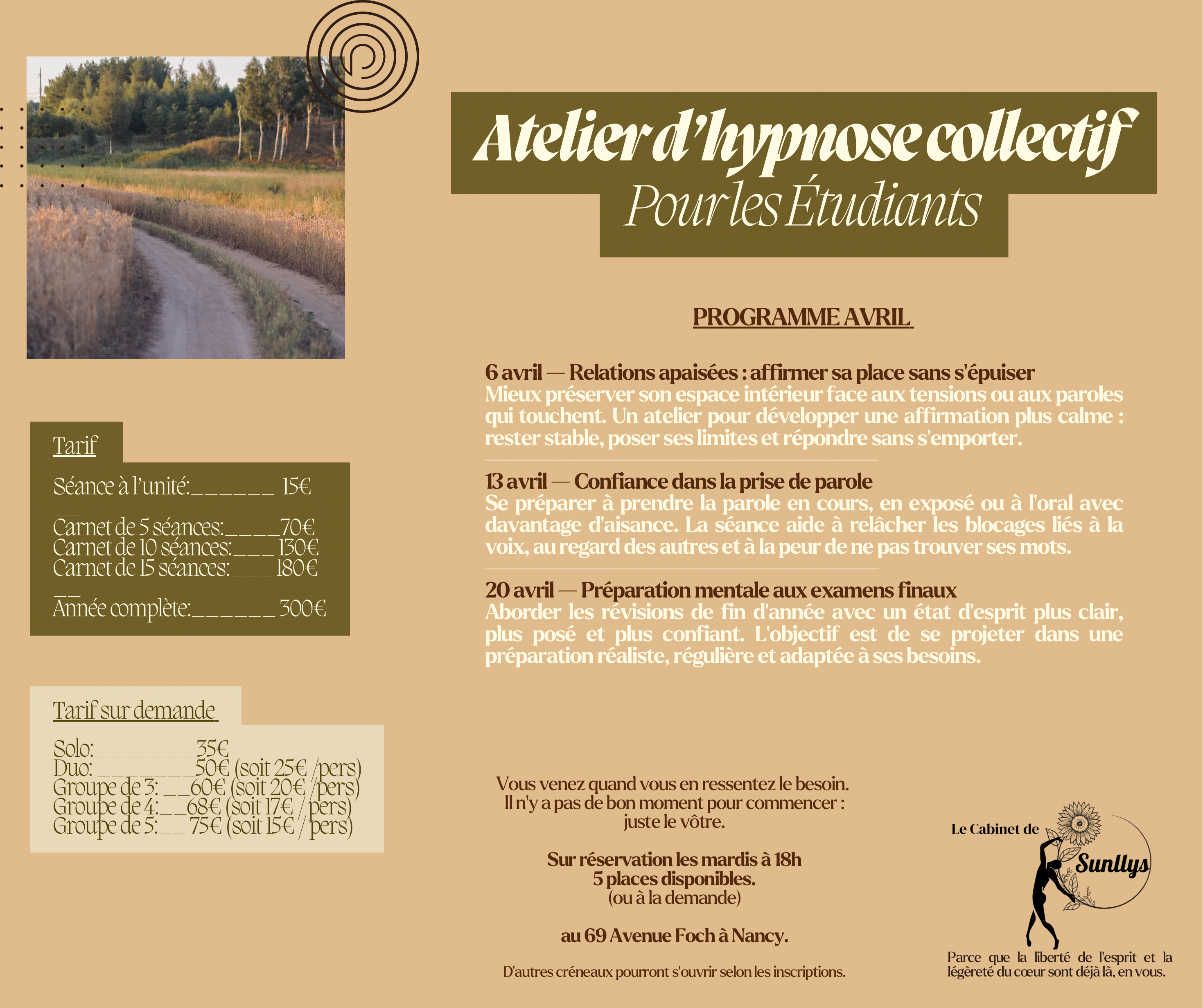 Programme des ateliers d'avril 2027